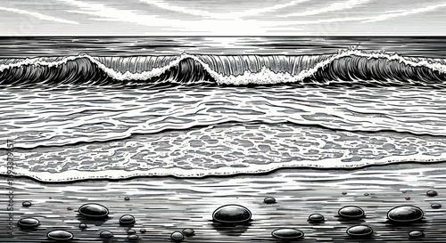 Monochromatic vista of oceanic waves crashing against a rocky shoreline etching