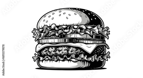 Monochrome burger illustration showcasing classic fast food with detailed textures and shadows