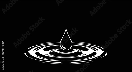 Monochrome depiction of a water droplet creating concentric circles on a dark surface