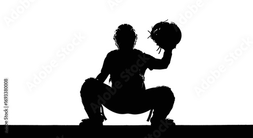 Silhouette of a Baseball Catcher in Action Ready to Field with Focused Intent
