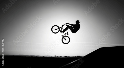 Silhouette of a freestyle bmx rider performing an aerial trick in black and white under the bright