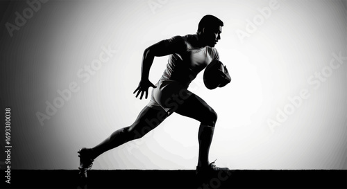 Silhouette of a determined rugby player sprinting with the ball on a gradient background