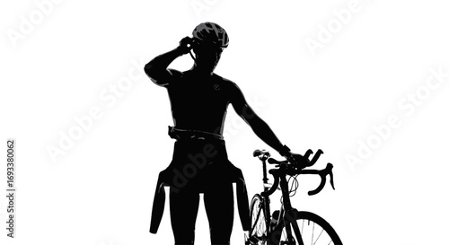 Silhouette of an athletic triathlete with bicycle preparing for a race on clean white background