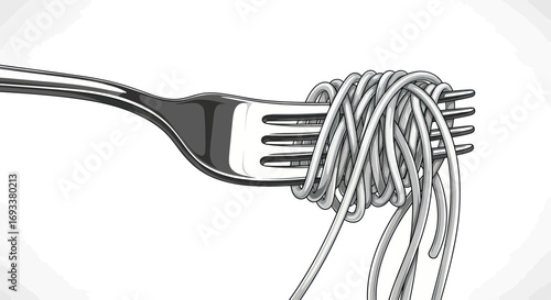 Stylized illustration featuring spaghetti twirled around a fork against a white background