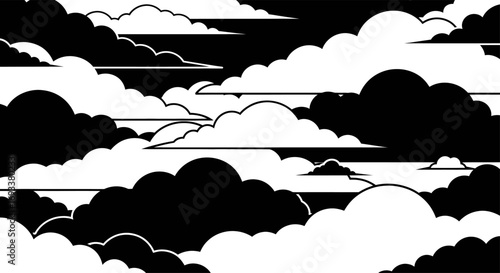 Stylized monochrome cloudscape illustration with contrasting dark and bright formations for