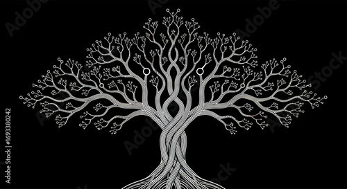 Symmetrical stylized tree with intertwining branches, embodying connection and growth on stark