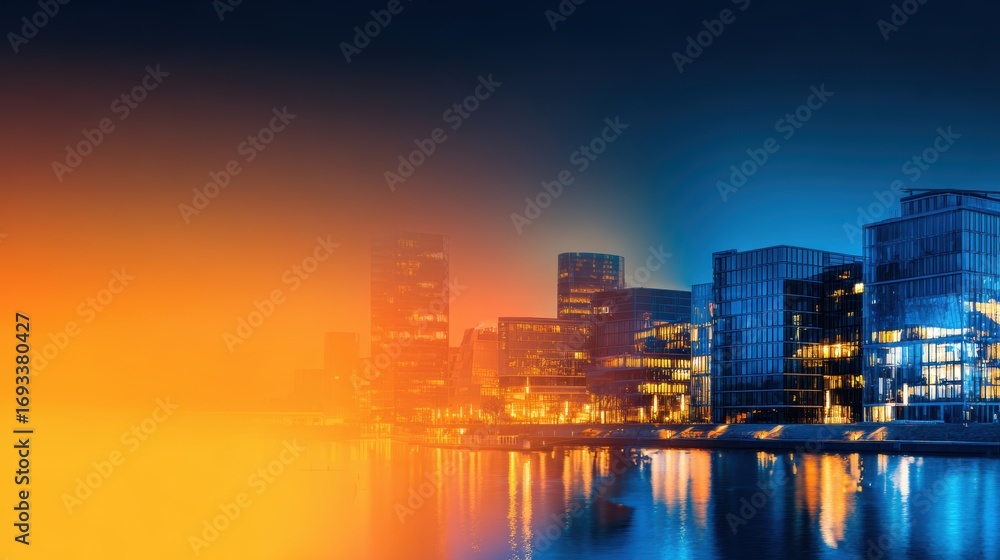 Obraz premium Vibrant city skyline at dusk with illuminated buildings reflecting on the water, showcasing urban life
