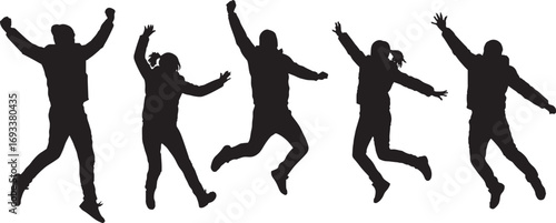 Vector Silhouettes of Dynamic Jumping People, Celebration, Freedom, and Energy