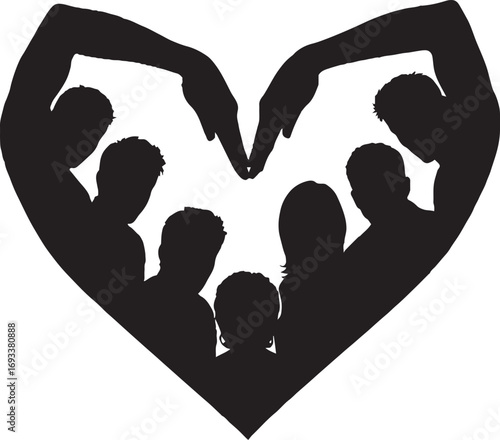 Family Group Silhouette Forming Heart Shape with Hands and People Inside