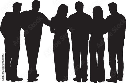 Diverse Group of People Silhouettes Standing Together, Unity and Friendship Vector Graphic