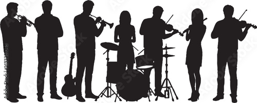 Black Silhouettes of Musicians Playing Various Instruments