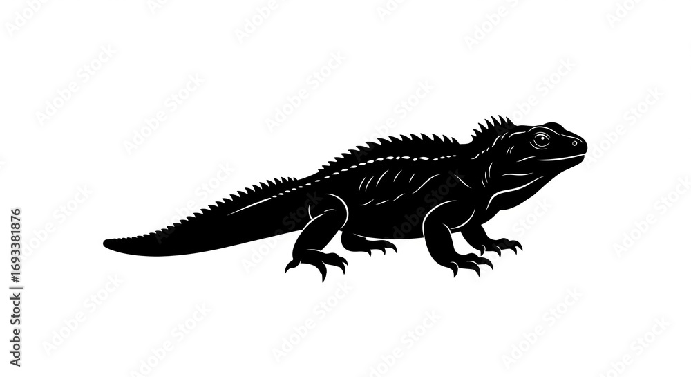 Fototapeta premium Powerful black silhouette of an iguana with a spiky crest and textured skin, standing firmly on an isolated transparent background.