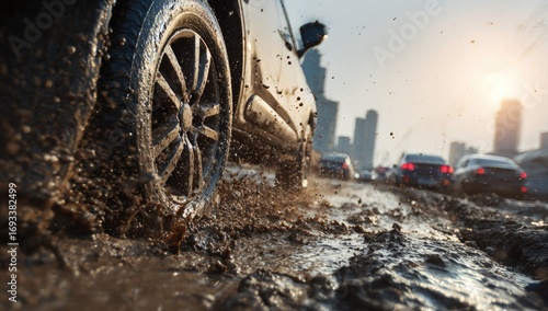 Muddy SUV driving through a city street
