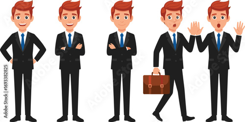 Businessman cartoon character in black suit showing different poses and emotions with briefcase isolated on white background vector