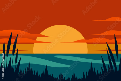 Vibrant sunset over calm ocean with silhouette grass