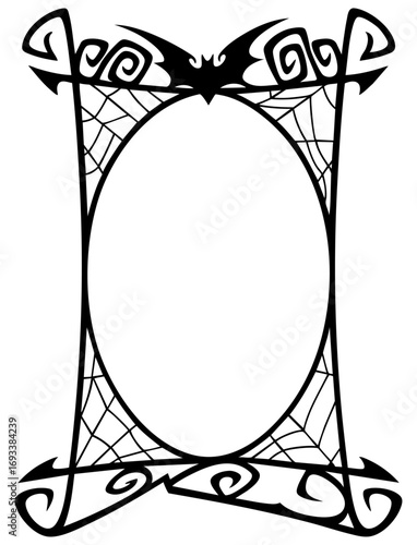 Halloween decorative black frame with oval center, spider webs and gothic swirls, bat on the top, spooky border