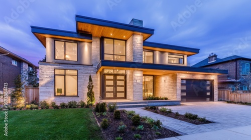 Modern residential home with elegant architecture, landscaped yard, and evening sky in the background