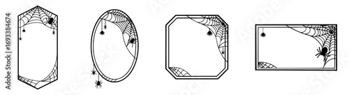 Halloween decorative frames with spider webs and spiders, oval, hexagon, rectangle and vertical shapes, gothic spooky borders