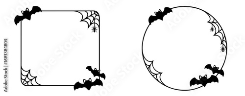 Halloween square and round frames with bats and spider webs, spooky gothic borders