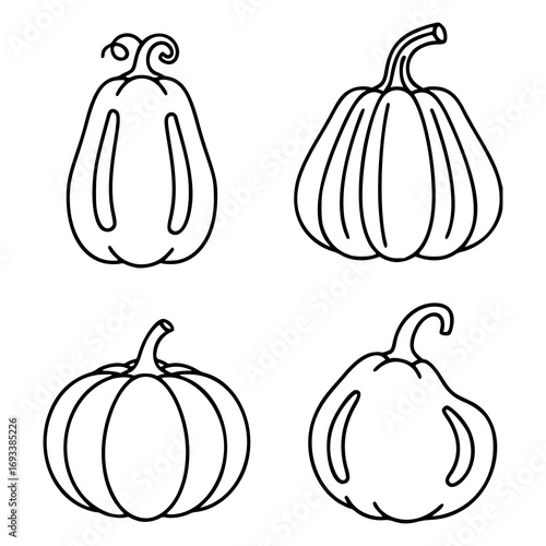 Four black and white vegetable icons depict stylized pumpkins and gourds. Each illustration