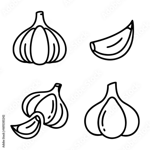Icon set featuring garlic illustrations. Top left: whole garlic bulb, outlined with simple lines