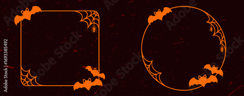 Halloween square and round decorative frames in orange color with bats, spider webs and spooky curls, vintage gothic border design on dark bloody background for party invitations, posters and greeting