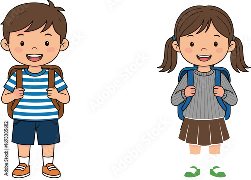 Cartoon boy and girl students wearing backpacks, smiling and ready for school in colorful flat vector style perfect for education design.Cartoon boy and girl students wearing backpacks