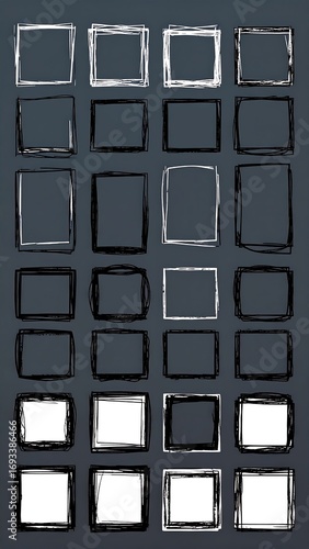 Abstract graphic of many outlined white squares on a dark background