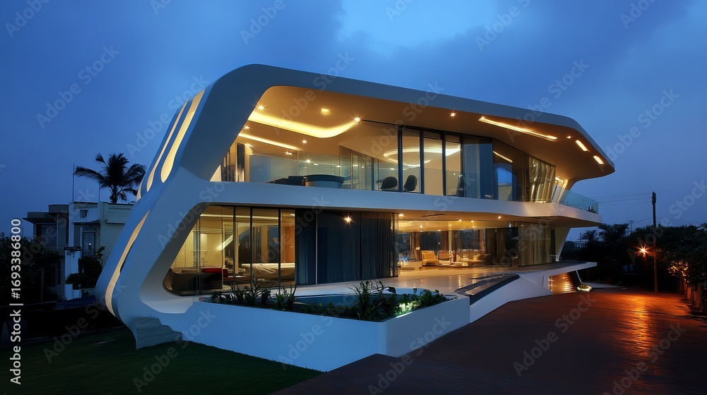 Obraz premium Modern, futuristic home at dusk. Two-story dwelling with curved lines, glass walls, and pool area. Soft interior lights glow