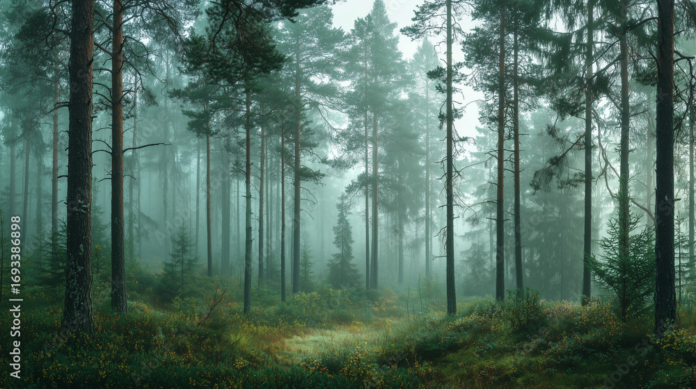 Fototapeta premium Misty morning in a pine forest