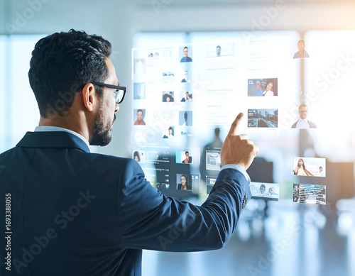 Businessman interacts with a holographic display of faces