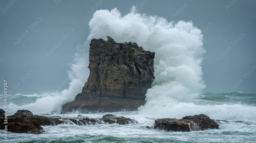 Obraz premium Powerful waves crashing on rocky coast
