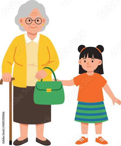 Cartoon illustration of grandmother with granddaughter smiling together, perfect for family, relationships, senior care, and generational bonding concepts.