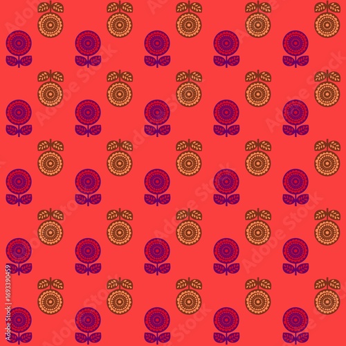 seamless pattern with roses, Pattern features a repeating floral design on a red background