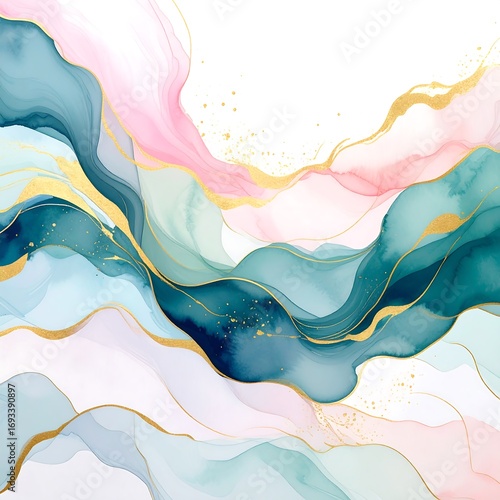 Abstract watercolor swirls in pastel colors with gold accents