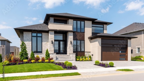 Modern two-story house with sleek design, landscaped garden, and clear blue sky in the background