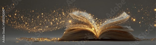 Open book with golden sparkles