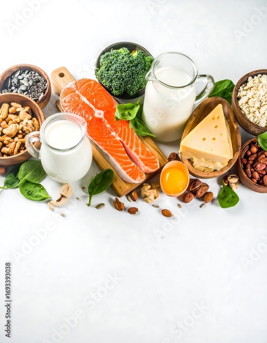 Assorted healthy foods arranged on a light surface