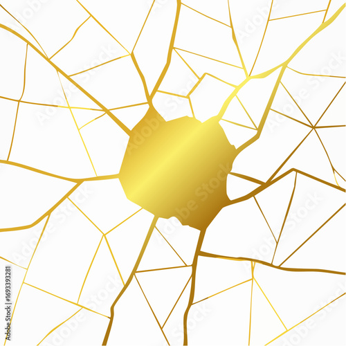 Gold kintsugi design isolated on white backdrop. Golden crackle texture background.