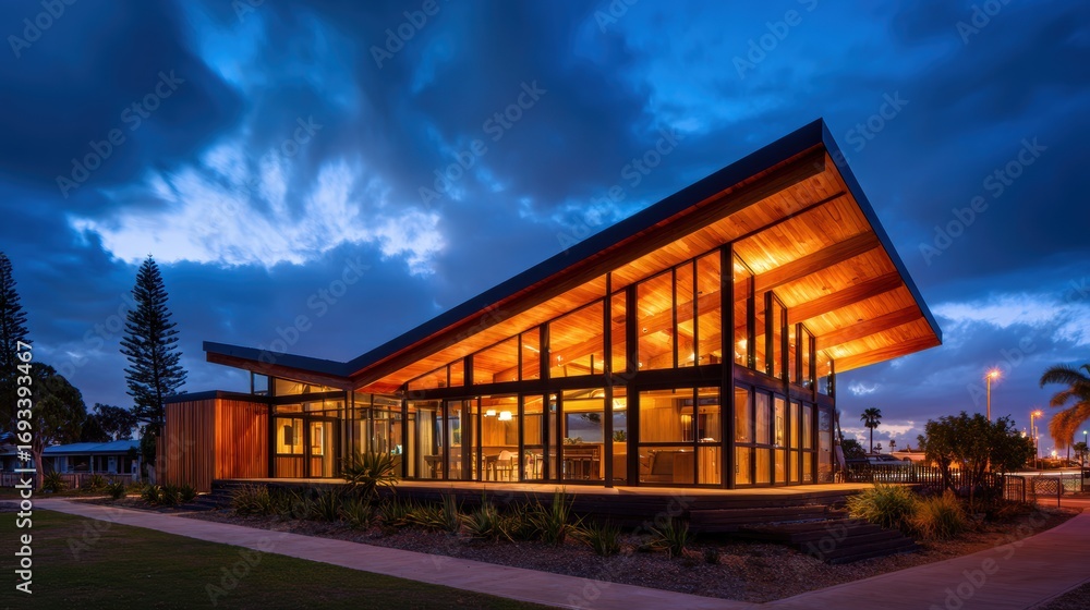 Obraz premium Modern architectural design of a house illuminated at dusk with dramatic cloud formations in the background