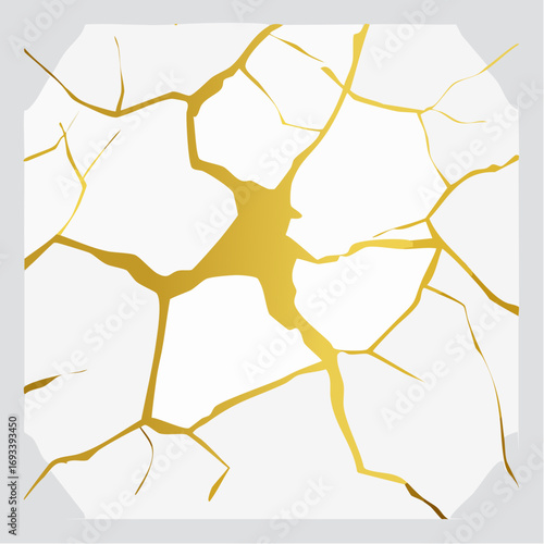 Gold kintsugi design isolated on white backdrop. Golden crackle texture background.