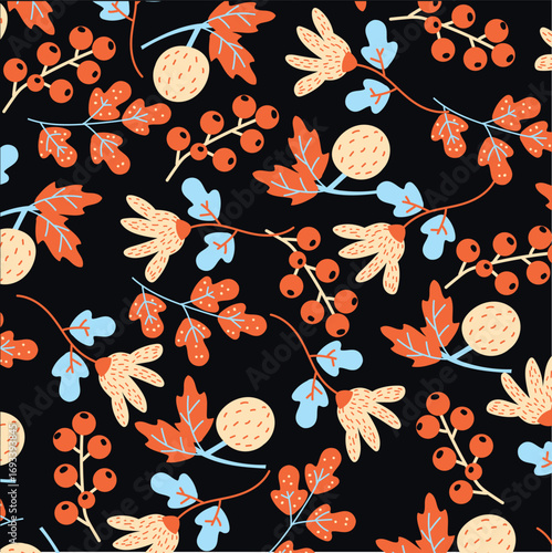 Seamless Botanical Pattern with Autumn Leaves and Berries on Dark Background