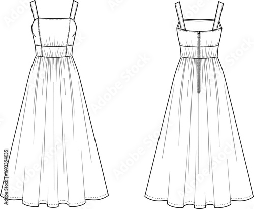 Front and Back View of Sleeveless Dress Flat Sketch with Fitted Bodice and Zipper Closure for Fashion Design and Apparel Template