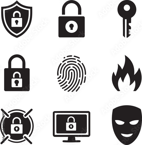 Security Icons Padlock, Key, Fingerprint, Firewall, and More