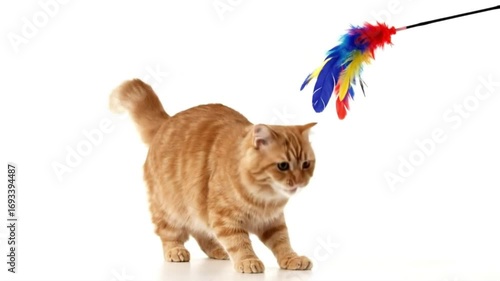 A playful ginger cat intensely focused on a colorful feather toy dangling from a wand, captured mid-action on a clean white background