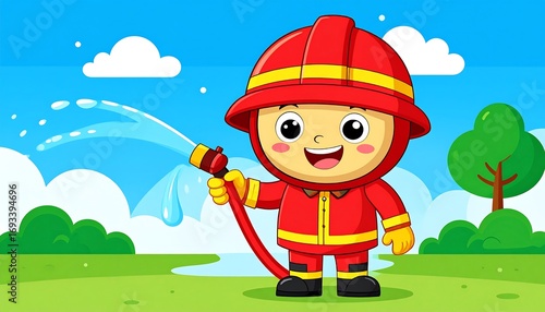 Cartoon firefighter watering a lawn