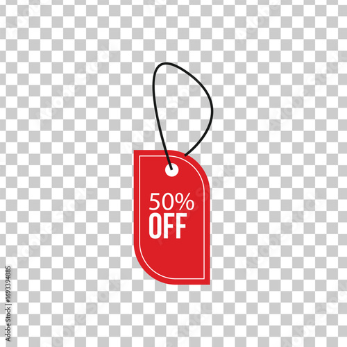 Red sale tag with fifty percent off text and string on transparent background