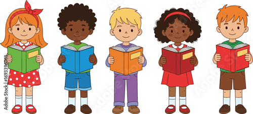 Group of diverse cartoon children happily reading books, perfect for school education, library programs, learning resources, and literacy campaigns.