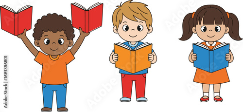 Group of diverse happy kids reading books, perfect educational illustration for school, library, literacy programs, learning, and children’s education concepts.