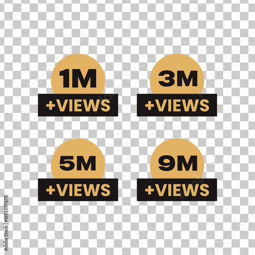 Collection of four golden view count badges for social media and video platforms